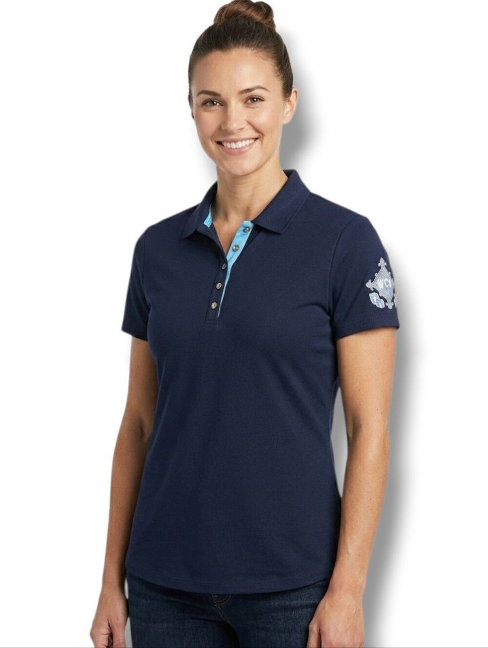Perry Ellis women’s Navy Blue Polo Shirt WCN Crest Logo – Size M, Short Sleeve